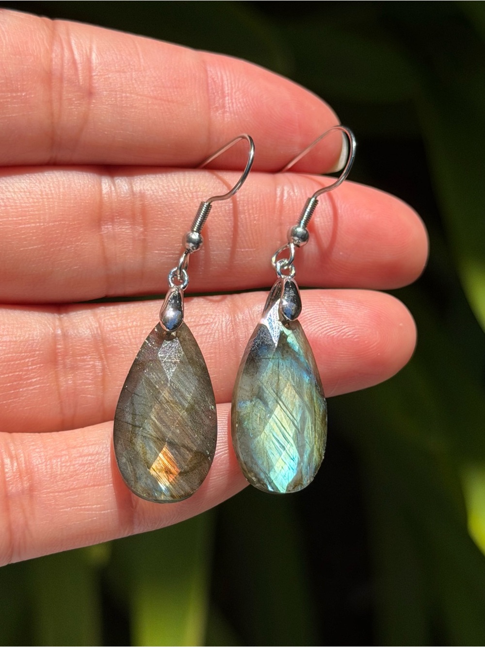 Labradorite Teardrop Dangle Earrings - Iridescent Blue-Green Palo